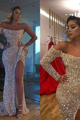 Chic Crystal Beading One-shoulder Strapless Slit Mermaid Sequins Prom Gowns-Ballbella