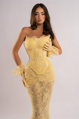 Chic Daffodil Strapless Sleeveless Lace Prom Dresses Mermaid Column With Gloves-Ballbella