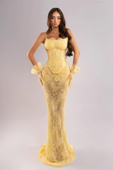 Chic Daffodil Strapless Sleeveless Lace Prom Dresses Mermaid Column With Gloves-Ballbella