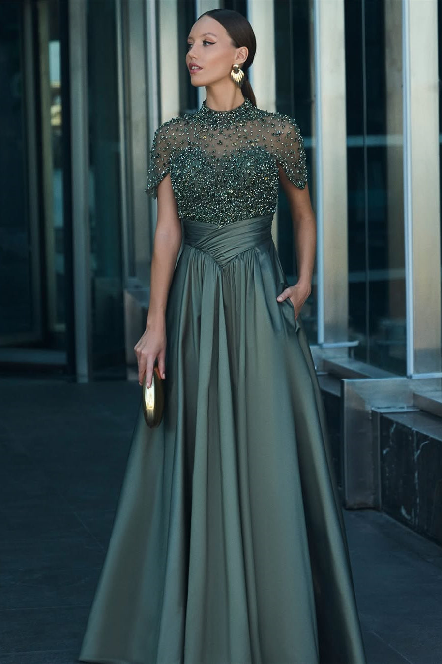 Chic Dark Green High Collar Satin A-Line Prom Dresses Short Sleeves Be Ballbella Chic Dark Green High Collar Satin A-Line Prom Dresses Short Sleeves Be Ballbella