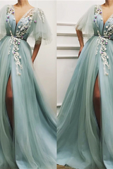 Chic Deep V-neck Front Slit Prom Party Gowns| Short Sleeveless Tulle Appliques Long Prom Party Gowns-Ballbella