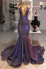 Chic Deep V-Neck Sleeveless Prom Dresses New Arrival Halter Memaiad Sequins Evening Gowns-Ballbella