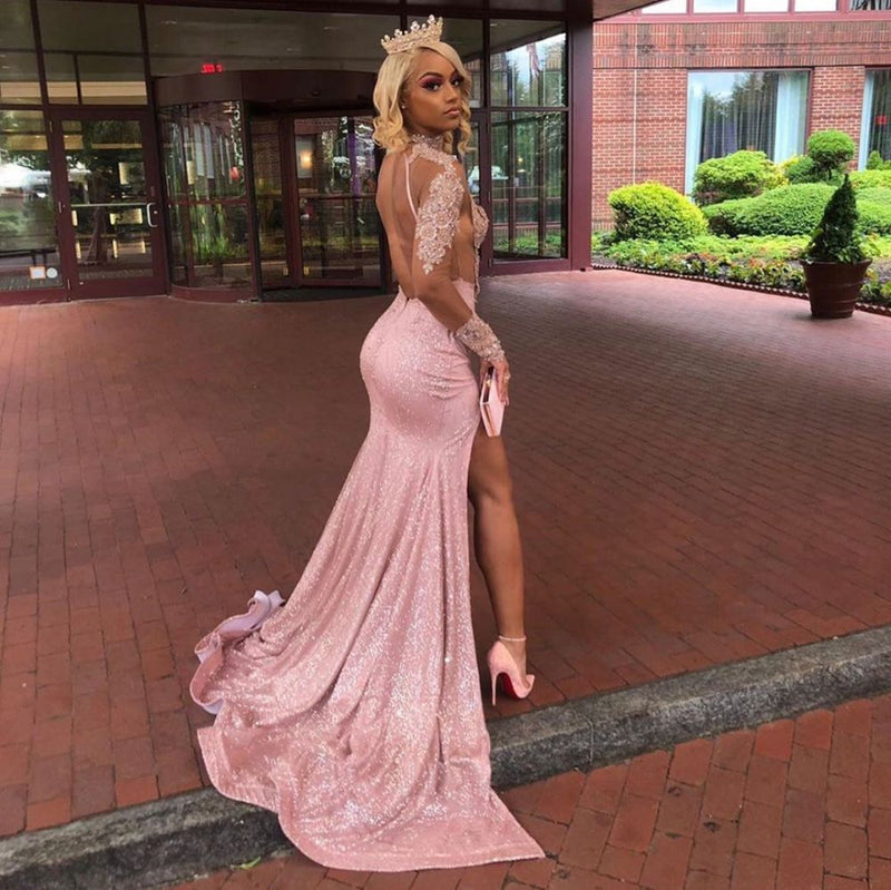 Shop Chic Dusty Pink Long Sleevess Lace Appliques New Arrival High Split Sequined Long Prom Party Gowns with Ballbella. We offer free shipping and custom made service for evening dresses. 32 colors available.