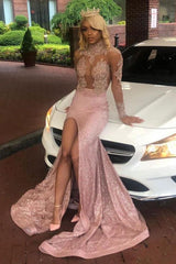 Chic Dusty Pink Long Sleevess Lace Appliques New Arrival High Split Sequined Long Prom Gowns-Ballbella