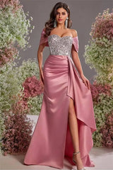 Chic Dusty Rose Sweetheart Off-The-Shoulder Satin Prom Dress Mermaid High Split With Ruffle Beads-Ballbella