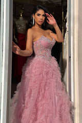 Chic Dusty Rose V-Neck Strapless Sleeveless Tulle Prom Dresses A-Line High Split With Gem-Ballbella