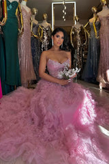 Chic Dusty Rose V-Neck Strapless Sleeveless Tulle Prom Dresses A-Line High Split With Gem-Ballbella