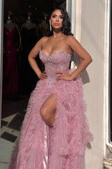 Chic Dusty Rose V-Neck Strapless Sleeveless Tulle Prom Dresses A-Line High Split With Gem-Ballbella