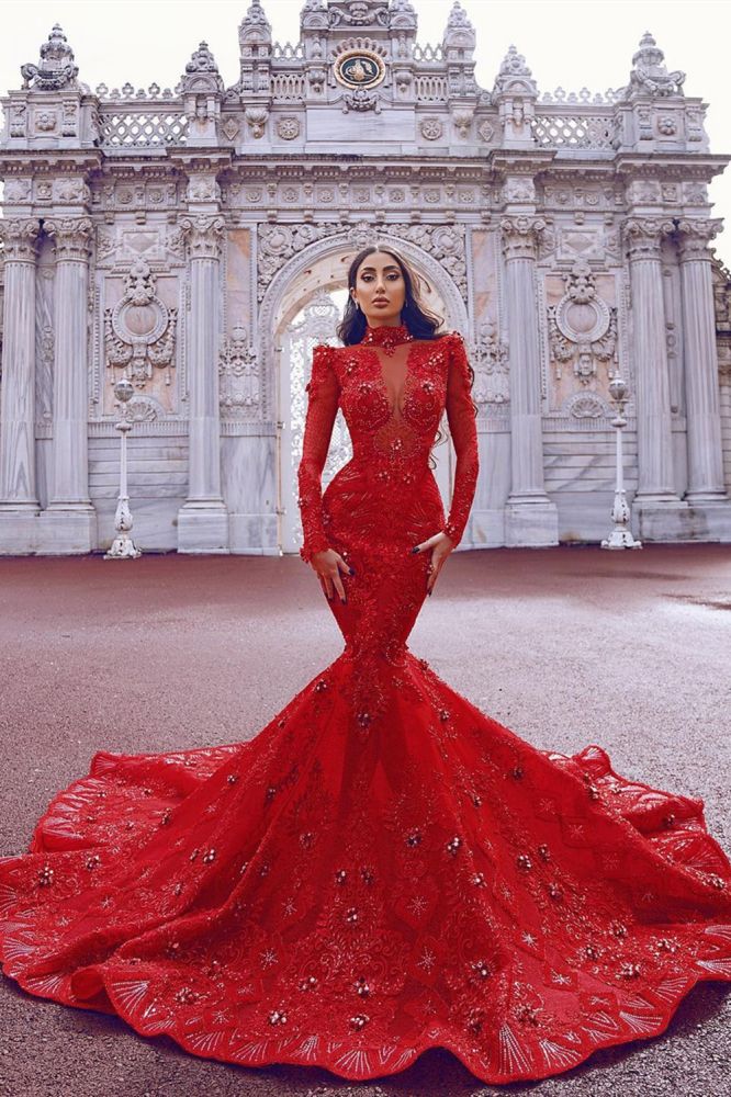 mermaid prom dresses with long train Mermaid Long Sleeves Split Front Prom Dresses With Detachable Train YESBABYONLINE
