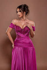 Chic Fuchsia Off-The-Shoulder Sweetheart A-Line Prom Dress Satin With Beads-Ballbella