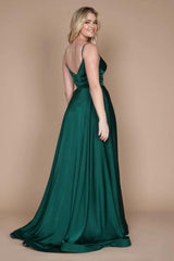 Chic Green Spaghetti-Straps Sleeveless Column Satin Evening Dresses With Ruffles-Ballbella