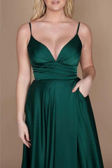 Chic Green Spaghetti-Straps Sleeveless Column Satin Evening Dresses With Ruffles-Ballbella