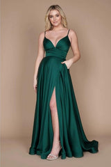 Chic Green Spaghetti-Straps Sleeveless Column Satin Evening Dresses With Ruffles-Ballbella
