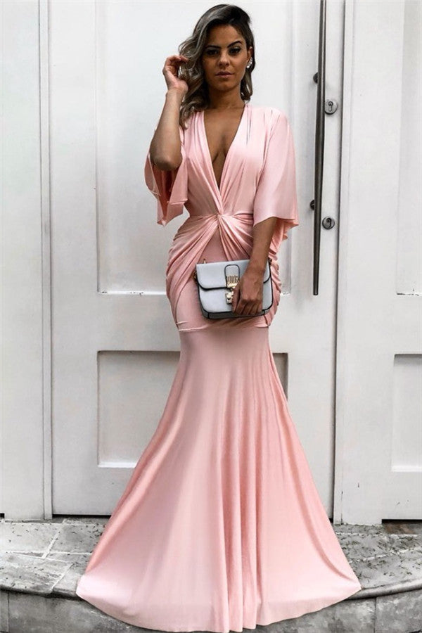 Chic Half Sleeves Deep V-neck Pink Evening Dresses Chic Mermaid