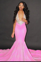 Chic Halter Mermaid Evening Gowns Backless Prom Party Gowns-Ballbella