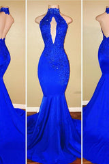 Chic Halter Mermaid Prom Party GownsLong With Lace Appliques-Ballbella