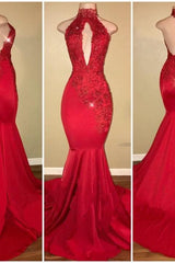 Chic Halter Mermaid Prom Party GownsLong With Lace Appliques-Ballbella