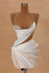 Chic Halter Sleeveless Homecoming Dresses Mini Sheath Prom Dress Pleats With Beads-Ballbella