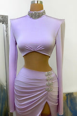 Chic High Split Long Sleeve Prom Dress Mermaid High Neck Online-Ballbella