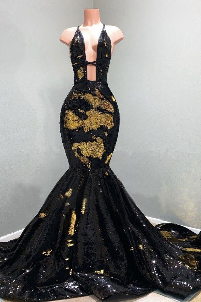 Mermaid Dress Cute Black And Gold Dresses Shiny Gold Black Mermaid Prom Dress, V-Neck Evening Mermaid Dress Cute Black And Gold Dresses Shiny Gold Black Mermaid Prom Dress, V-Neck Evening