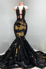 Chic Hollow Neckline Gold and Black Long Train Mermaid Evening Dresses-Ballbella
