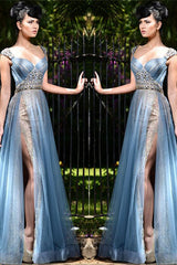 Chic Long Blue Formal Evening Dresses Tulle Crystal Chic Slit Prom Dresses-Ballbella