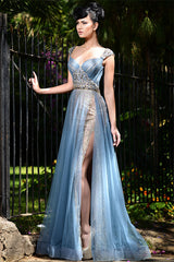 Chic Long Blue Formal Evening Dresses Tulle Crystal Chic Slit Prom Dresses-Ballbella