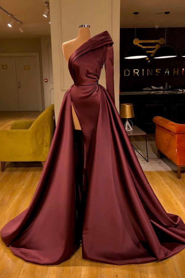 Chic Long Sleeve One Sleeve Evening Dress With Split On Sale Chic Long Sleeve One Sleeve Evening Dress With Split On Sale