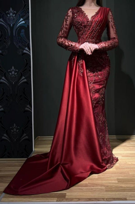 Chic Long Sleeves Burgundy Prom Dress Mermaid Long With Beads Lace Appliques Chic Long Sleeves Burgundy Prom Dress Mermaid Long With Beads Lace Appliques