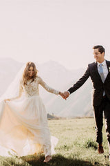 Chic Long Sleeves Tulle A line Wedding Dresses Appliques Floor Length Bridal Gowns-Ballbella