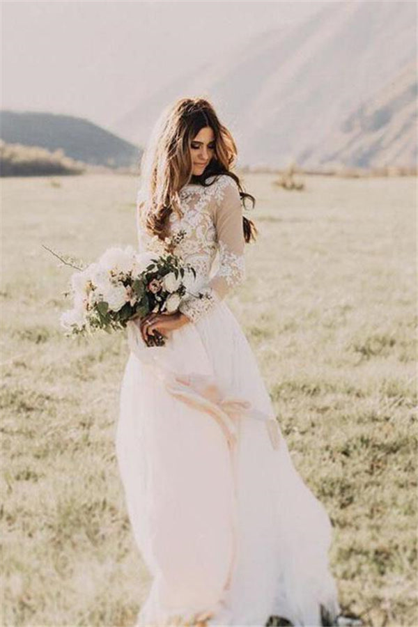 Chic Long Sleeves Tulle A line Wedding Dresses Appliques Floor Length Bridal Gowns Chic Long Sleeves Tulle A line Wedding Dresses Appliques Floor Length Bridal Gowns