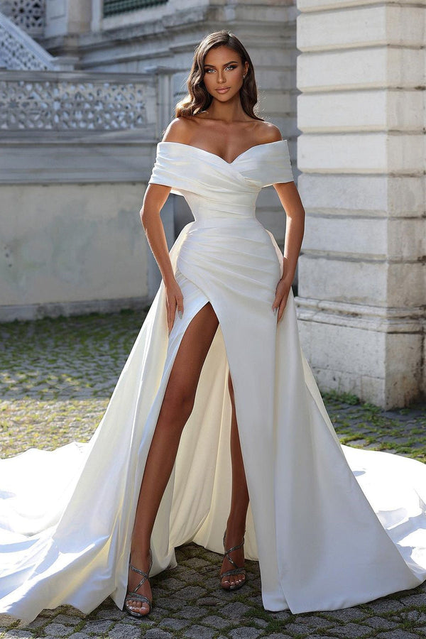 Chic Long White Off-the-Shoulder Front Split Long Wedding Dress With Detachable Train-Ballbella