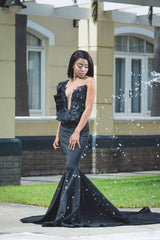 Chic Mermaid Deep V-neck Sleeveless Ruffles Appliques Prom Dresses Chic Long Evening Dresses With Chapel Train-Ballbella