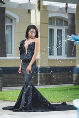 Chic Mermaid Deep V-neck Sleeveless Ruffles Appliques Prom Dresses Chic Long Evening Dresses With Chapel Train-Ballbella