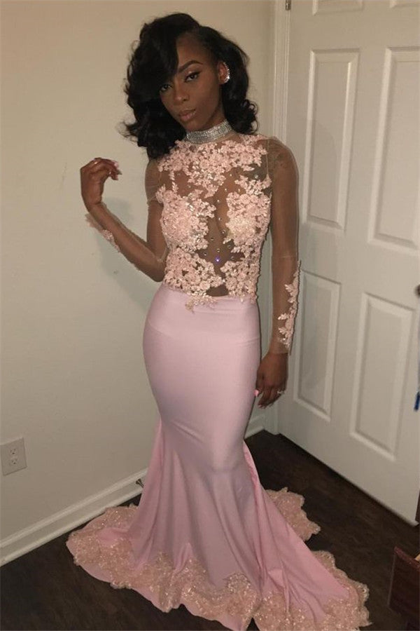 Chic Mermaid Pink High Neck Prom Dresses Long Sleevess Appliques Evening Gowns with Beadings Chic Mermaid Pink High Neck Prom Dresses Long Sleevess Appliques Evening Gowns with Beadings