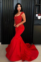 Chic Mermaid Straps Prom Party Gowns| New Arrival Long Lace Appliques Evening Gowns-Ballbella