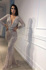 Chic Mermaid Tulle Sequins Deep V-Neck 3/4 Sleeves Floor-Length Prom Party Gowns with Tassels-Ballbella