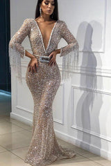 Chic Mermaid Tulle Sequins Deep V-Neck 3/4 Sleeves Floor-Length Prom Party Gowns with Tassels-Ballbella