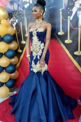 Chic Navy Blue Mermaid Prom Dresses High Neck Appliques Evening Dresses-Ballbella