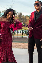 Chic Off-the-shoulder Burgundy Shining Sequined Long Prom Party Gowns with Fur-Ballbella