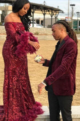 Chic Off-the-shoulder Burgundy Shining Sequined Long Prom Party Gowns with Fur-Ballbella