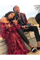 Chic Off-the-shoulder Burgundy Shining Sequined Long Prom Party Gowns with Fur-Ballbella