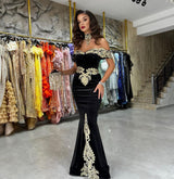 Chic Off-the-Shoulder Mermaid Black Prom Dresses with Appliques-Ballbella