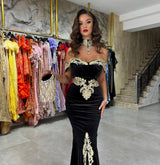 Chic Off-the-Shoulder Mermaid Black Prom Dresses with Appliques-Ballbella