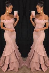 Chic Off-the-Shoulder Mermaid Prom Dresses Tiered Pink Ruffles Evening Gowns On Sale-Ballbella