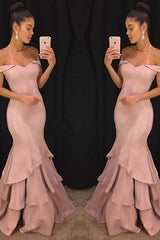 Chic Off-the-Shoulder Mermaid Prom Dresses Tiered Pink Ruffles Evening Gowns On Sale-Ballbella