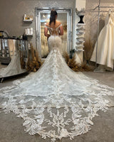 Chic Off-the-Shoulder Sleeveless Mermaid Lace Wedding Dress with Cathedral Train-Ballbella