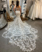 Chic Off-the-Shoulder Sleeveless Mermaid Lace Wedding Dress with Cathedral Train-Ballbella