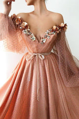 Chic Off-the-Shoulder V-neck Long Tulle Beading Long Sleevess Prom Party Gowns-Ballbella