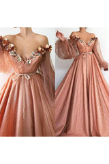 Chic Off-the-Shoulder V-neck Long Tulle Beading Long Sleevess Prom Party Gowns-Ballbella